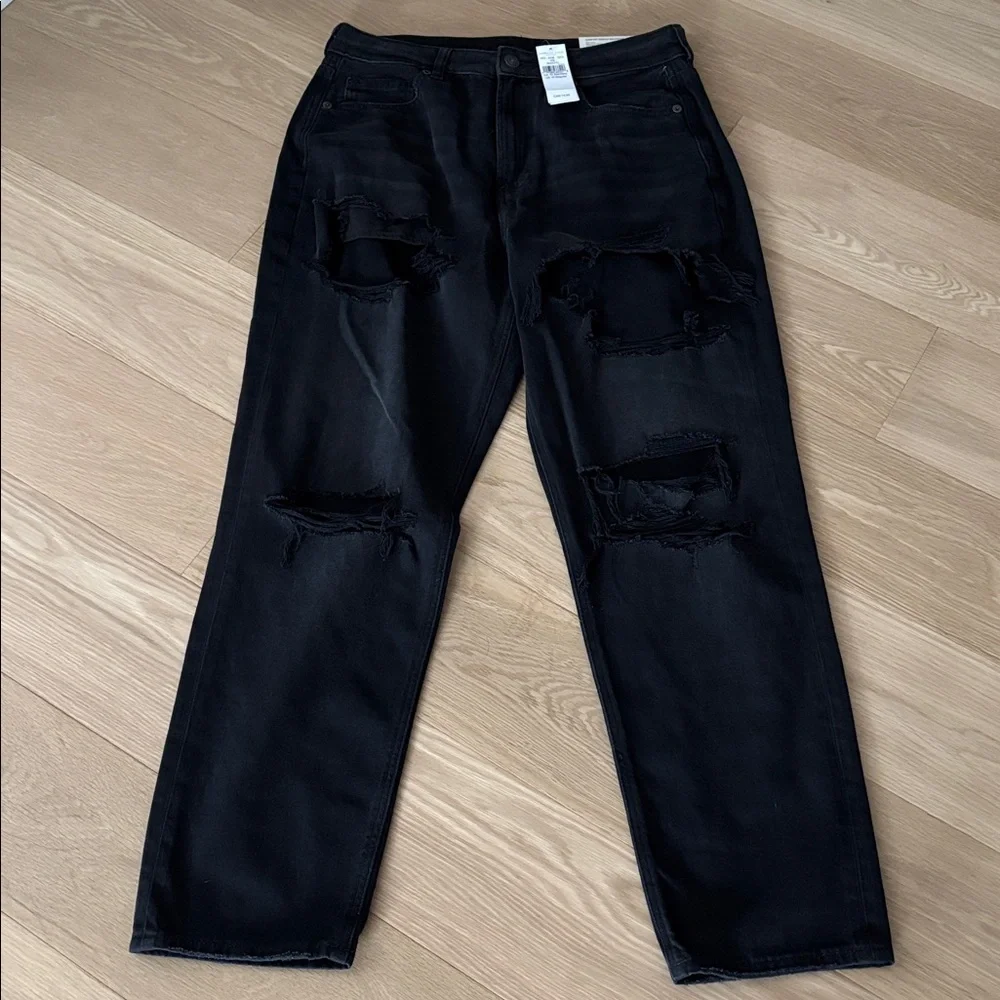 AE (10) Mom Jean Destroyed Black Comfort Stretch Waistband High Rise NWT - Picture 2 of 10